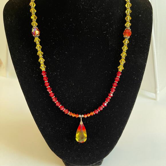 Fire Opal Pendant Crystal Elegant Handcrafted Beaded 18" Necklace Set - Picture 2 of 10